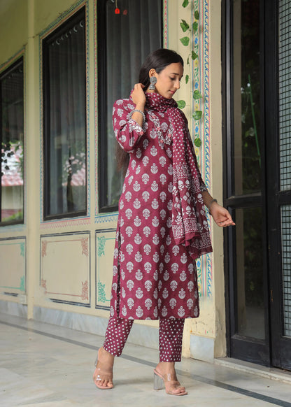 Women's Cotton Kurti with Pant and Dupatta Set