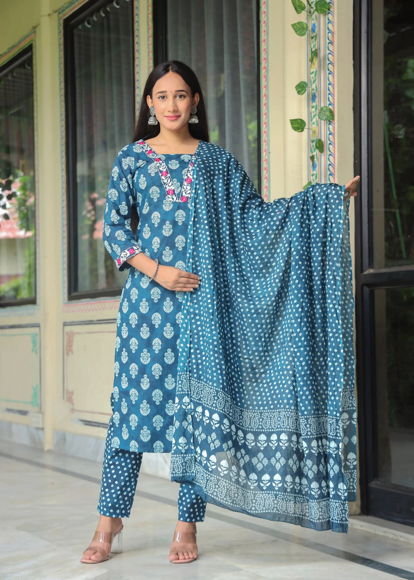 Women's Cotton Kurti with Pant and Dupatta Set
