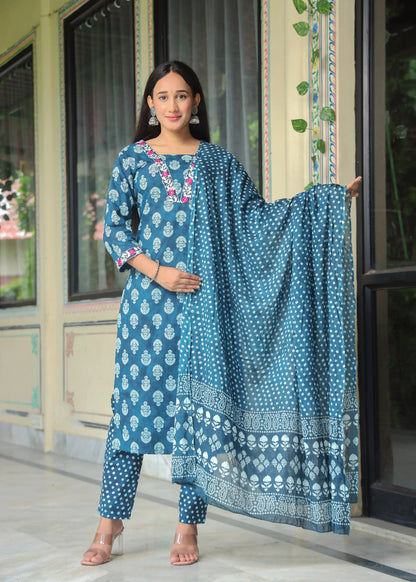 Women's Cotton Kurti with Pant and Dupatta Set