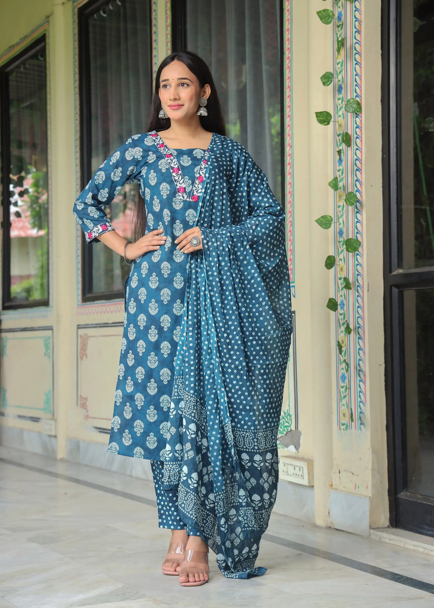Women's Cotton Kurti with Pant and Dupatta Set