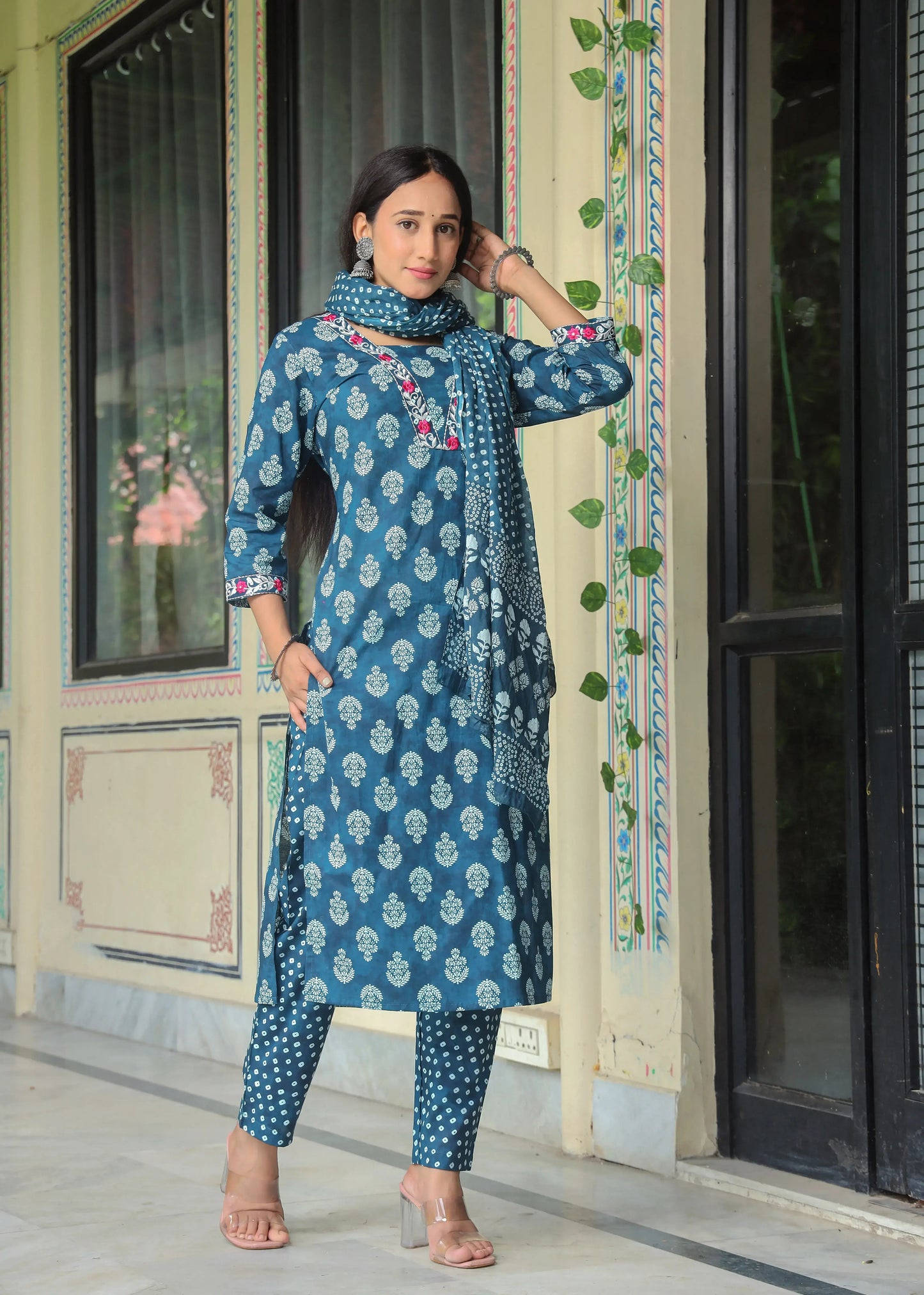 Women's Cotton Kurti with Pant and Dupatta Set