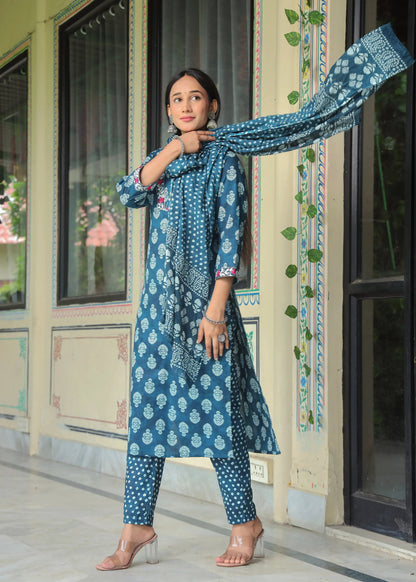 Women's Cotton Kurti with Pant and Dupatta Set