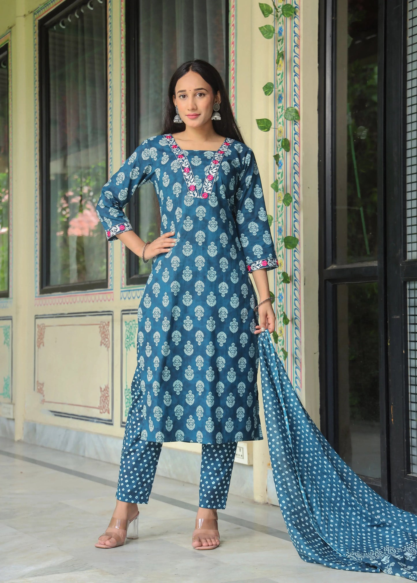 Women's Cotton Kurti with Pant and Dupatta Set