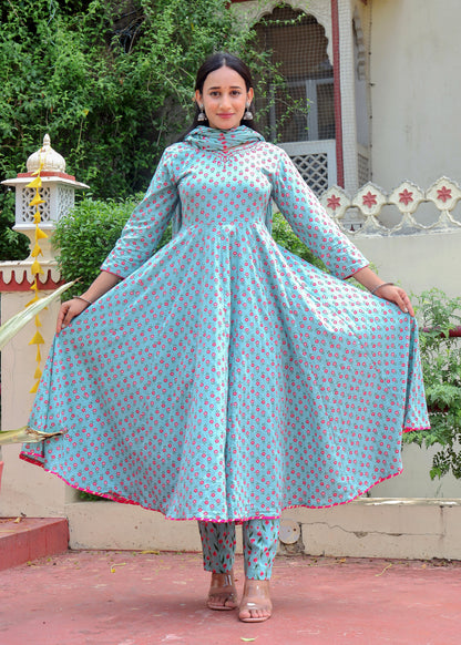 Women's Cotton Embroidered Anarkali with Pant and Dupatta Set