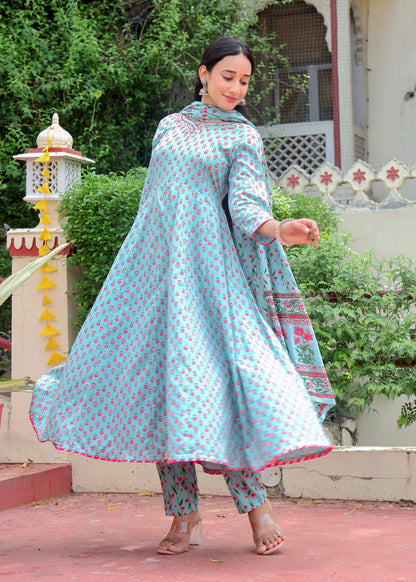 Women's Cotton Embroidered Anarkali with Pant and Dupatta Set