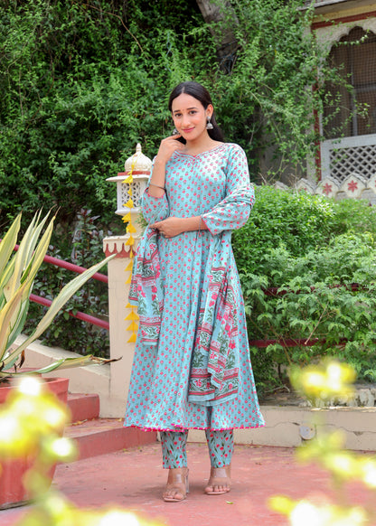 Women's Cotton Embroidered Anarkali with Pant and Dupatta Set