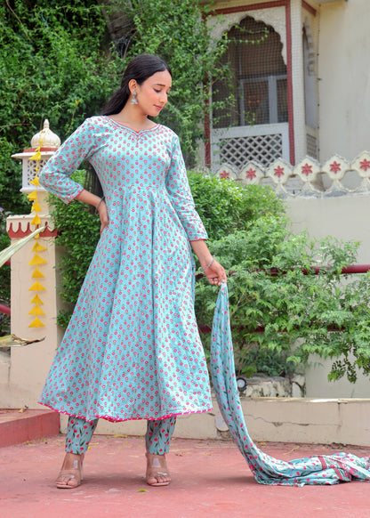 Women's Cotton Embroidered Anarkali with Pant and Dupatta Set
