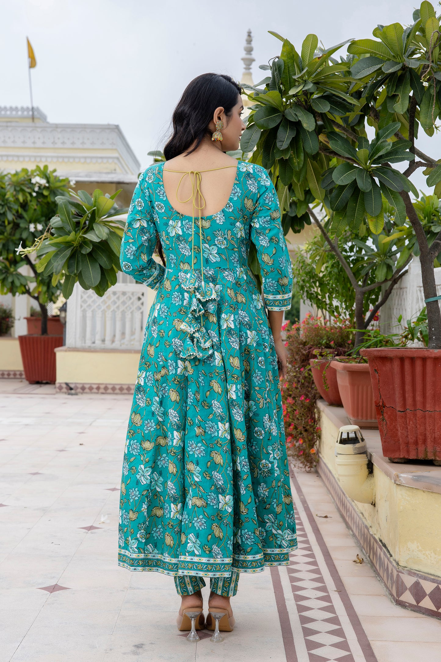 Cotton Floral Printed, Mirror Work Embroidery Anarkali  with Pant and Dupatta Set
