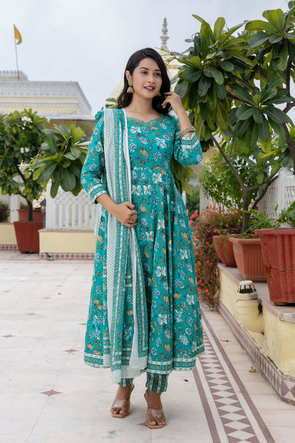 Cotton Floral Printed, Mirror Work Embroidery Anarkali  with Pant and Dupatta Set