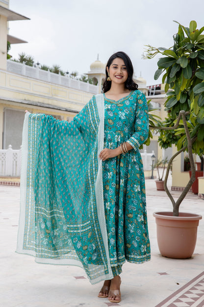 Cotton Floral Printed, Mirror Work Embroidery Anarkali  with Pant and Dupatta Set