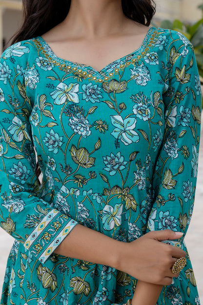 Cotton Floral Printed, Mirror Work Embroidery Anarkali  with Pant and Dupatta Set