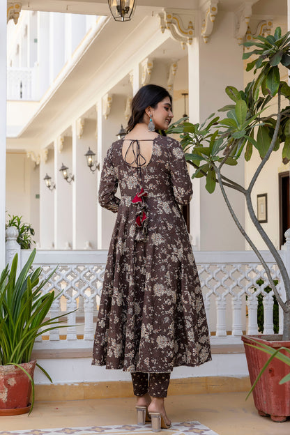 Women's Floral Printed, Premium Cotton Anarkali Suit Set