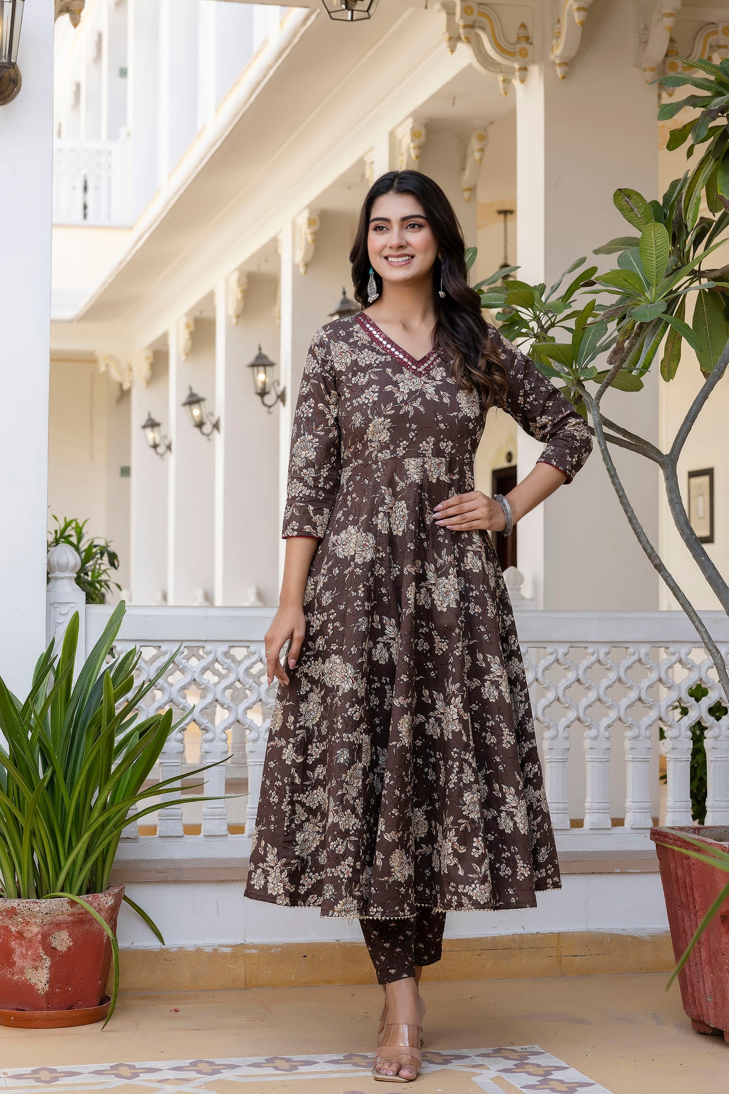 Women's Floral Printed, Premium Cotton Anarkali Suit Set