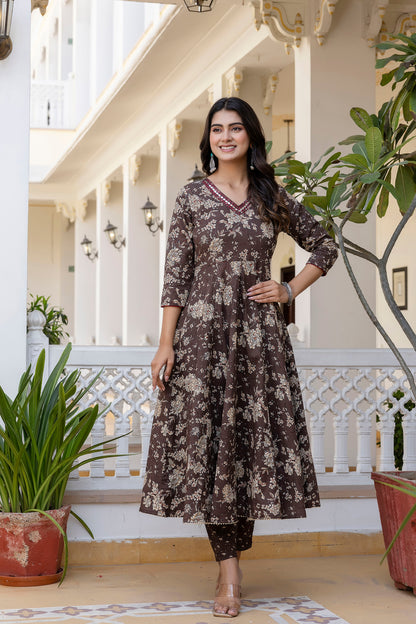 Women's Floral Printed, Premium Cotton Anarkali Suit Set