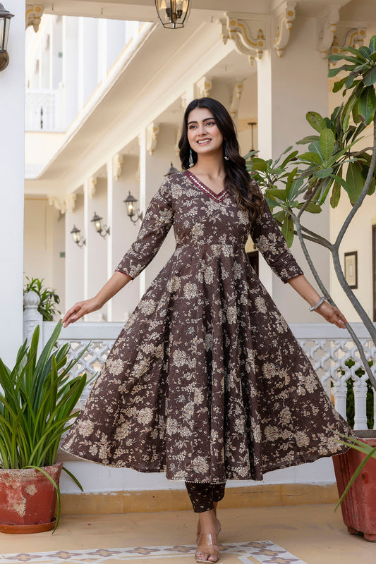 Women's Floral Printed, Premium Cotton Anarkali Suit Set