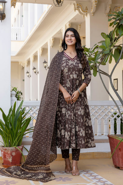 Women's Floral Printed, Premium Cotton Anarkali Suit Set