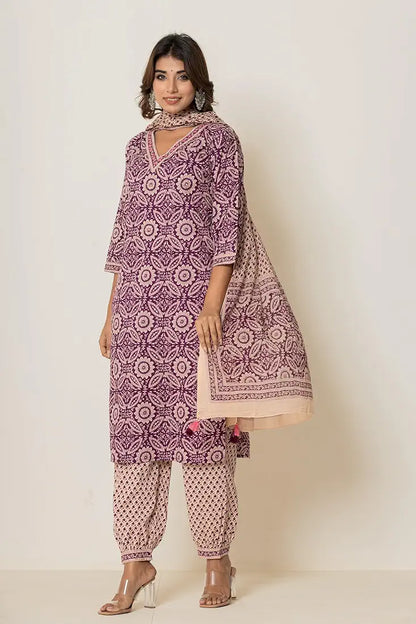 Women's Cotton Kurti with Pant and Dupatta Set
