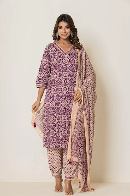 Women's Cotton Kurti with Pant and Dupatta Set
