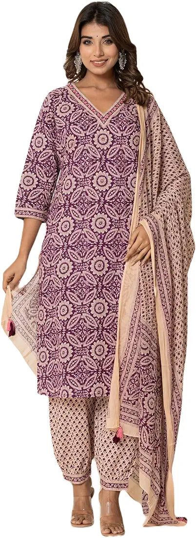 Women's Cotton Kurti with Pant and Dupatta Set