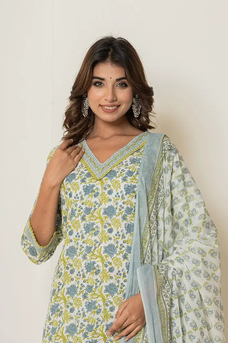 Women's Cotton Kurti with Pant and Dupatta Set