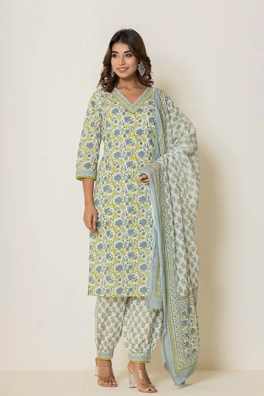 Women's Cotton Kurti with Pant and Dupatta Set