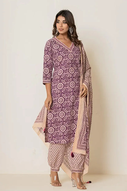 Women's Cotton Kurti with Pant and Dupatta Set