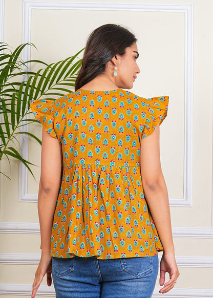 Women's Cotton Printed ruffle Sleeves western top