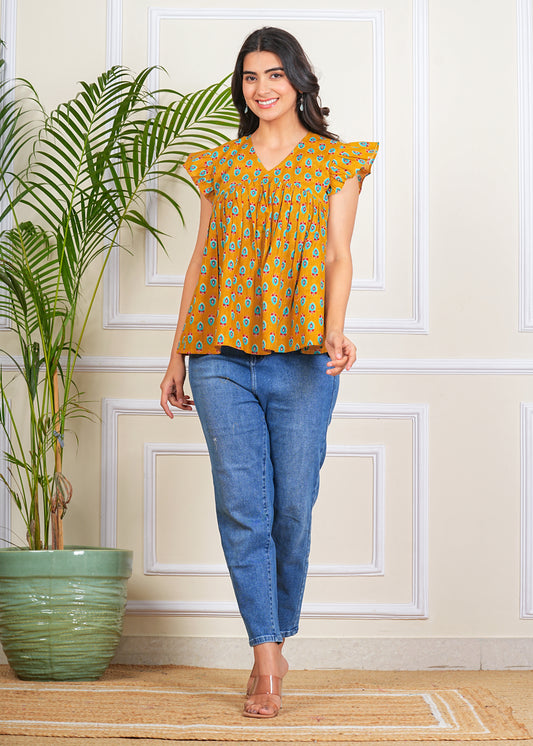 Women's Cotton Printed ruffle Sleeves western top