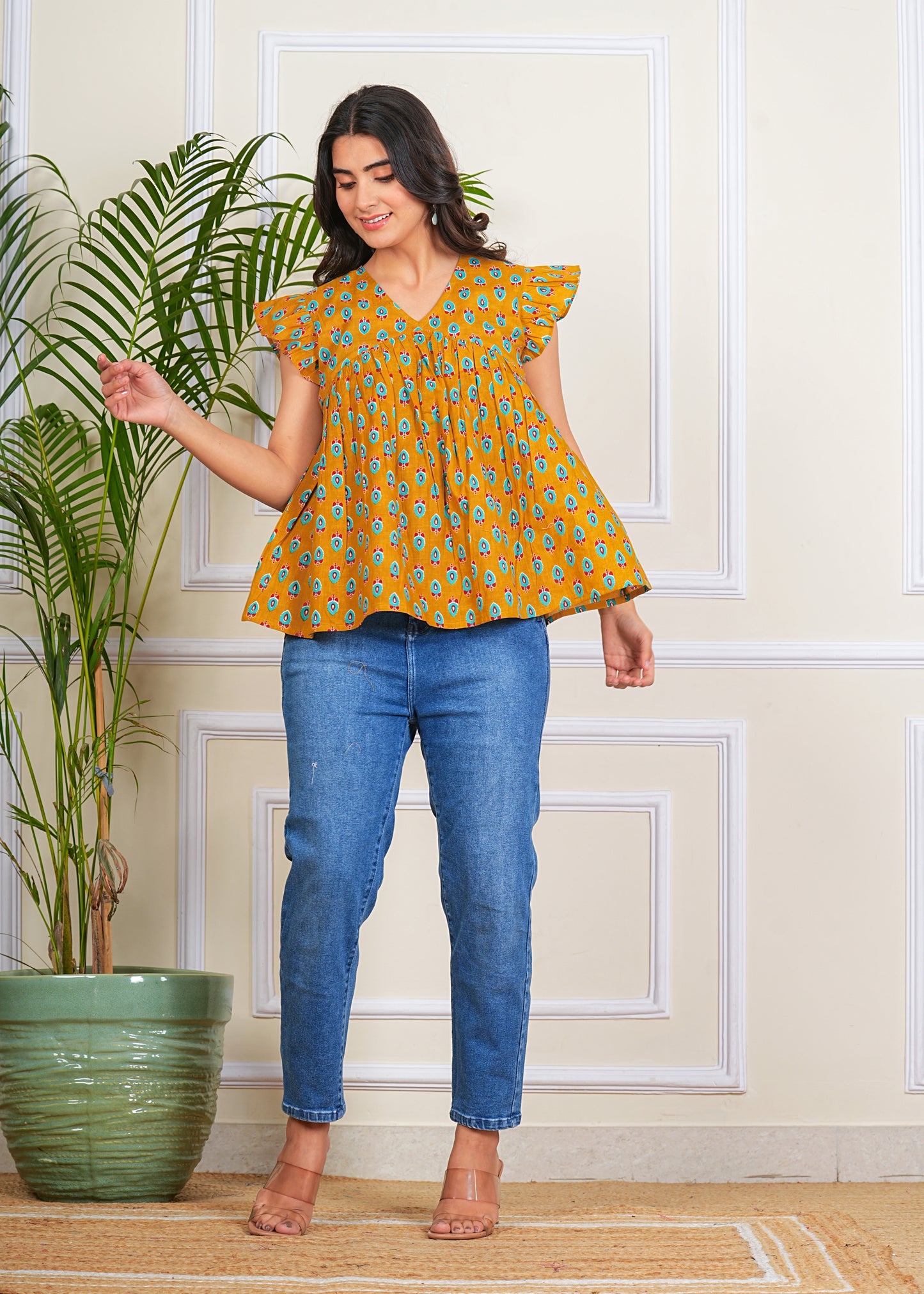 Women's Cotton Printed ruffle Sleeves western top