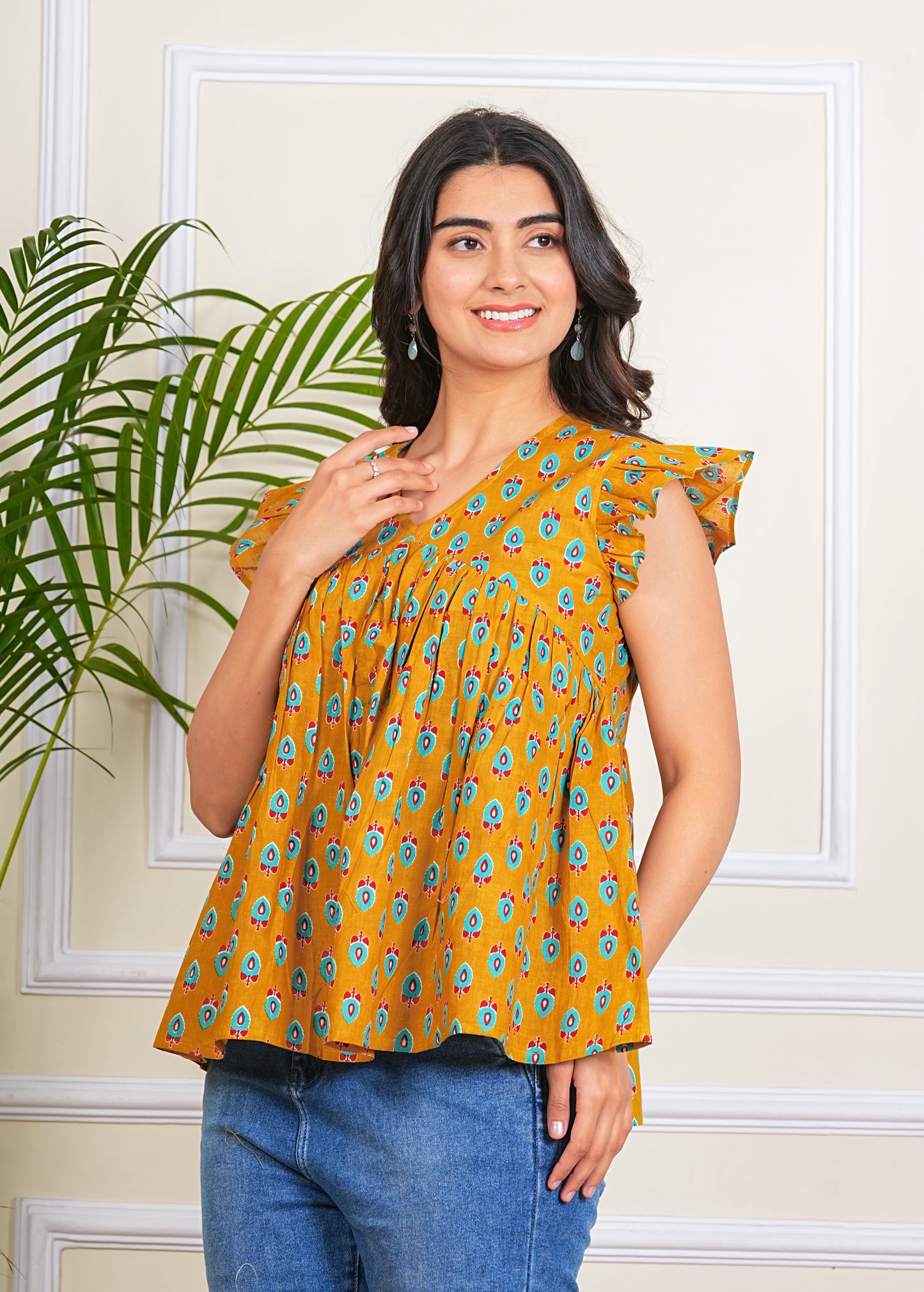 Women's Cotton Printed ruffle Sleeves western top
