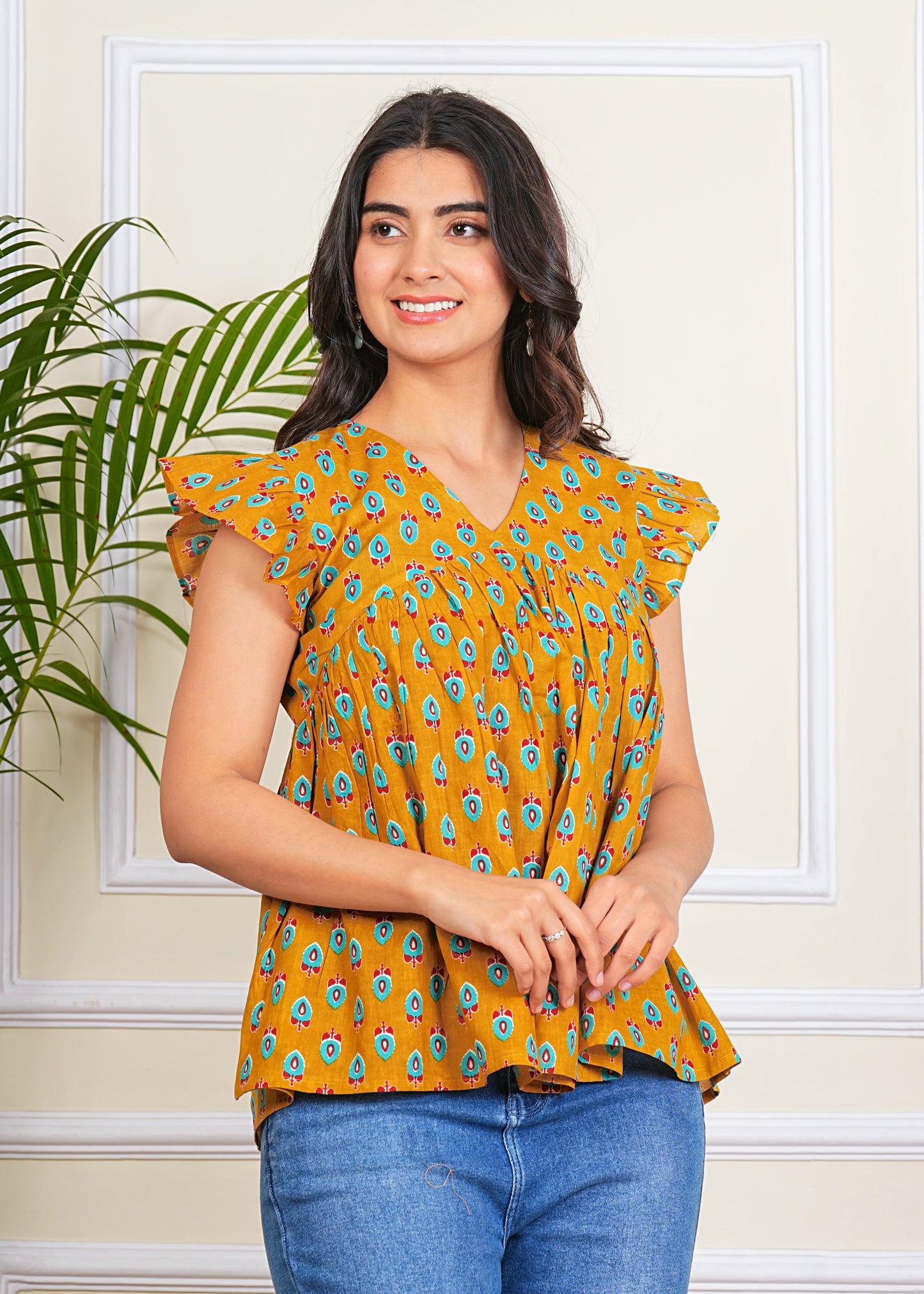 Women's Cotton Printed ruffle Sleeves western top