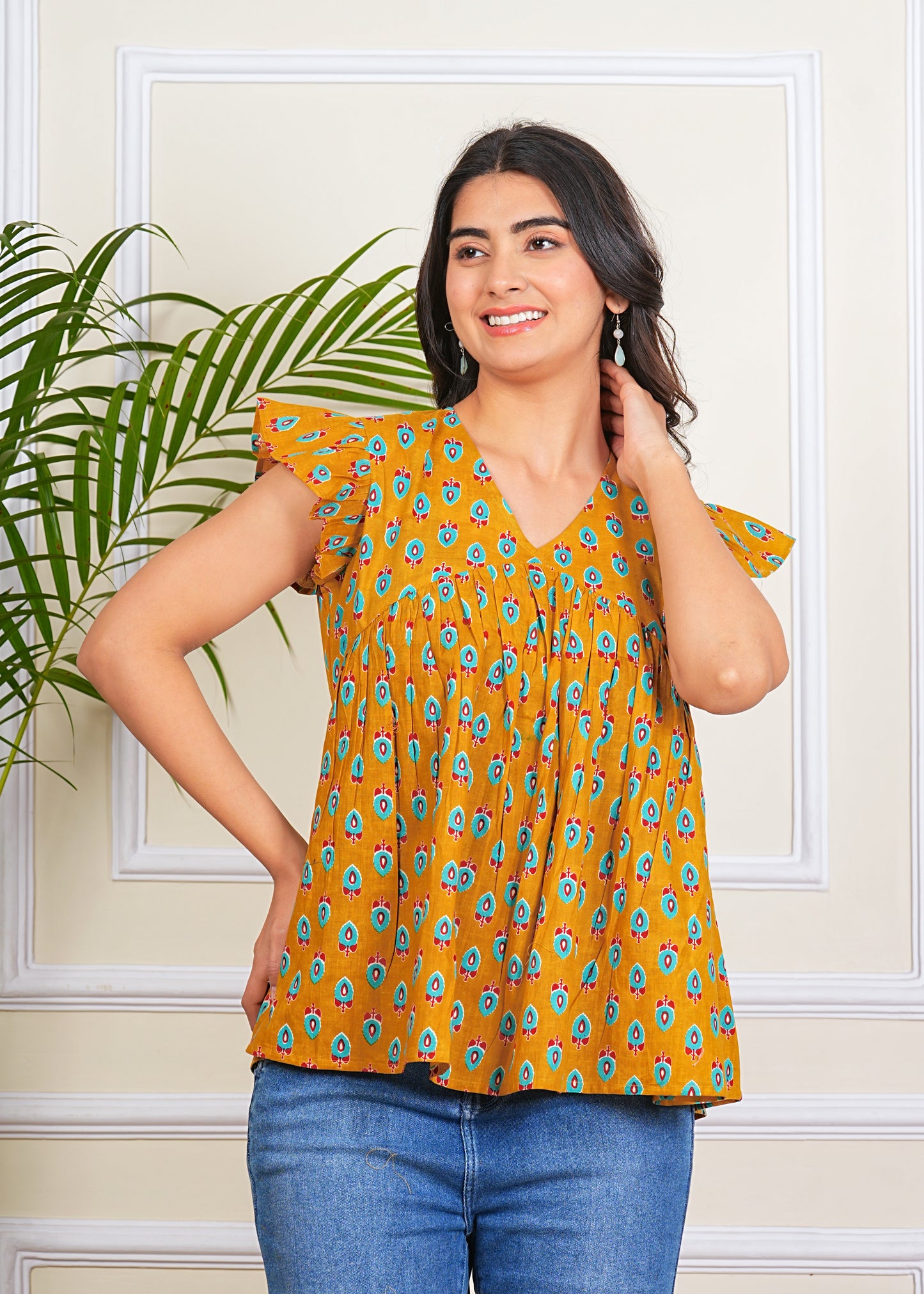 Women's Cotton Printed ruffle Sleeves western top
