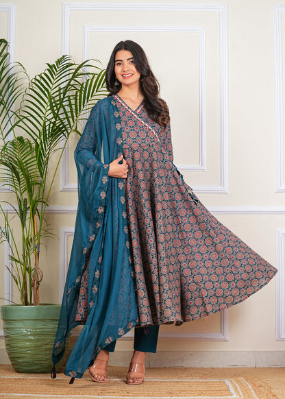 Women's Cotton Anarkali with Pant and Dupatta Set