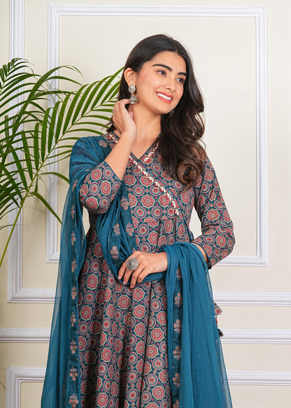 Women's Cotton Anarkali with Pant and Dupatta Set