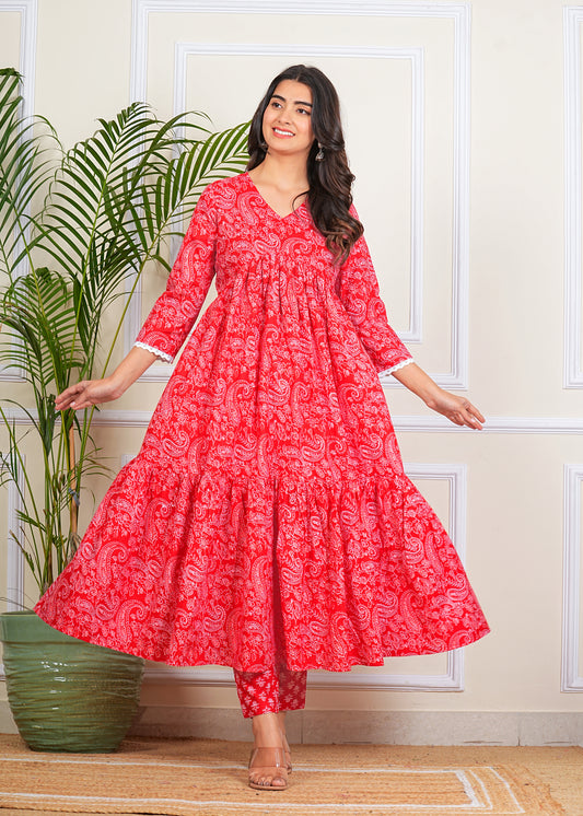 Women's Tiered More Flair Full length Red gown with Pants