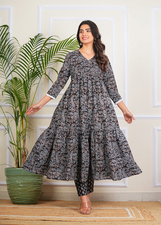 Women's Tiered More Flair Full length Black gown with Pants