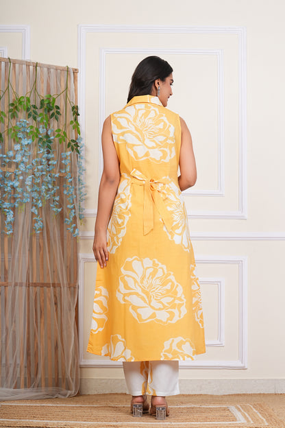Premium Cotton Floral Printed Shirt Coller Co-Ord Set (Yellow)