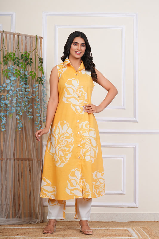 Premium Cotton Floral Printed Shirt Coller Co-Ord Set (Yellow)