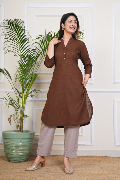 Premium Cotton Office Wear Kurta Set (Brown)