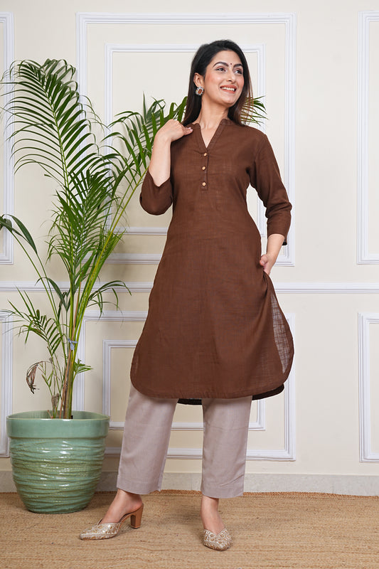 Premium Cotton Office Wear Kurta Set (Brown)