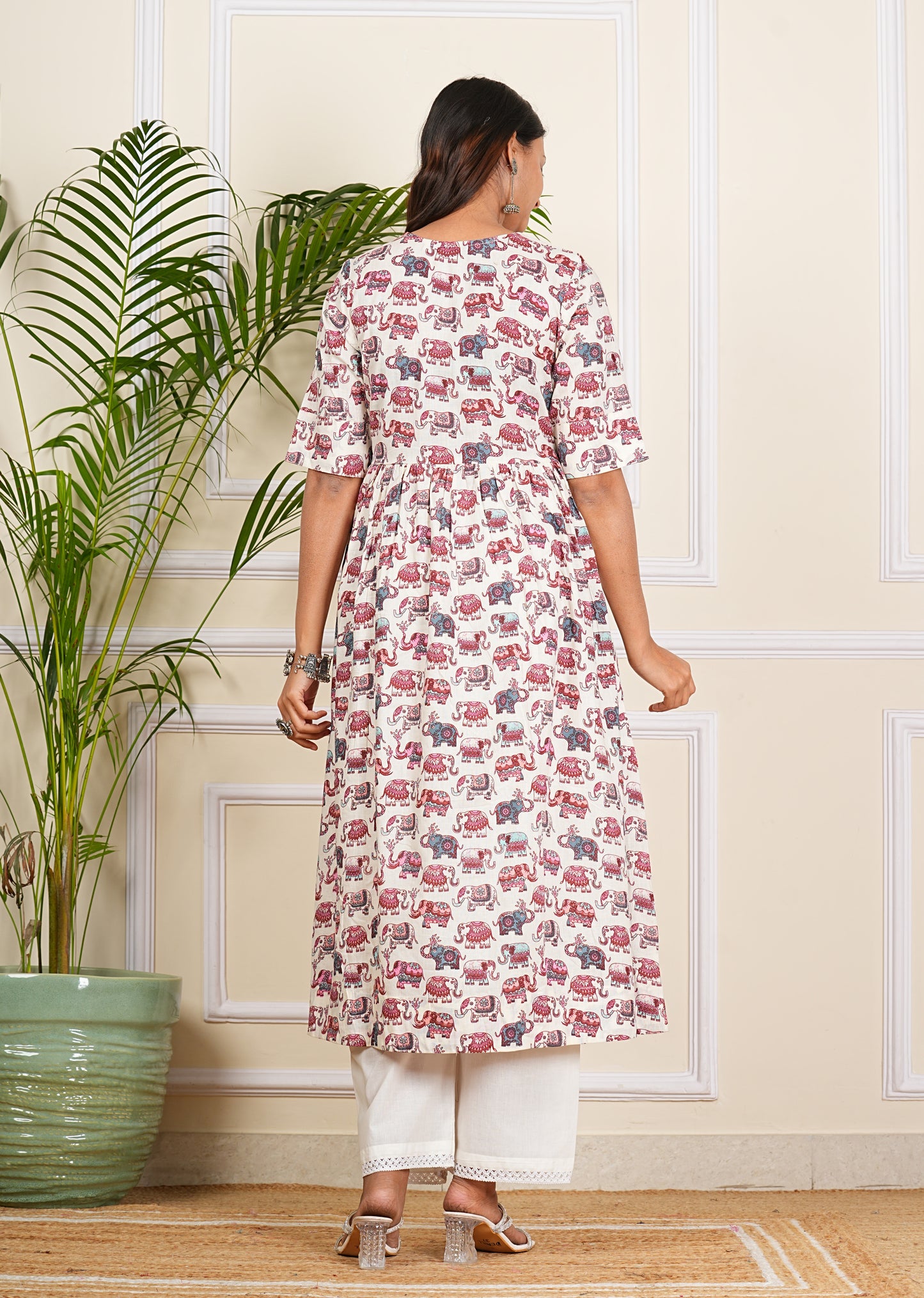 Cotton Elephant Print More Flair Aliya Dress With Pant