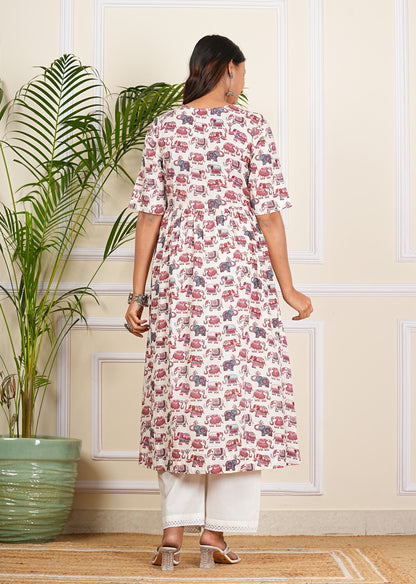 Cotton Elephant Print More Flair Aliya Dress With Pant