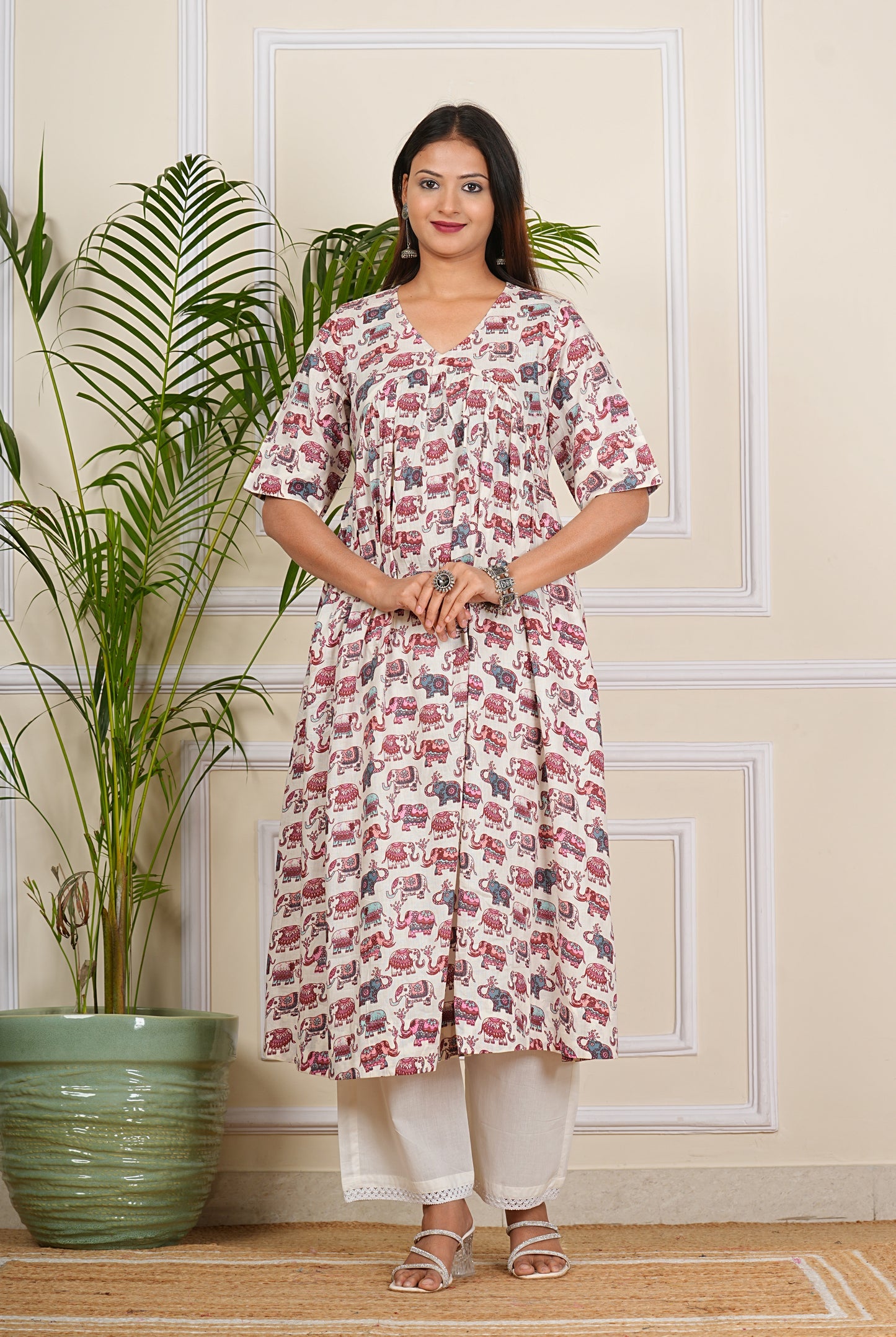 Cotton Elephant Print More Flair Aliya Dress With Pant