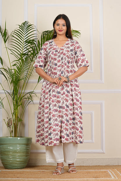 Cotton Elephant Print More Flair Aliya Dress With Pant