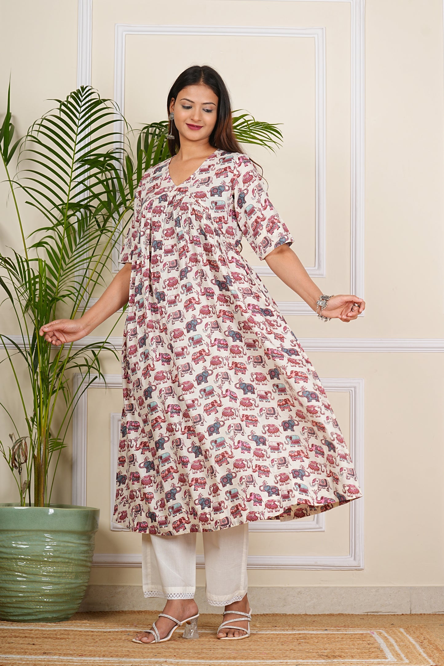 Cotton Elephant Print More Flair Aliya Dress With Pant
