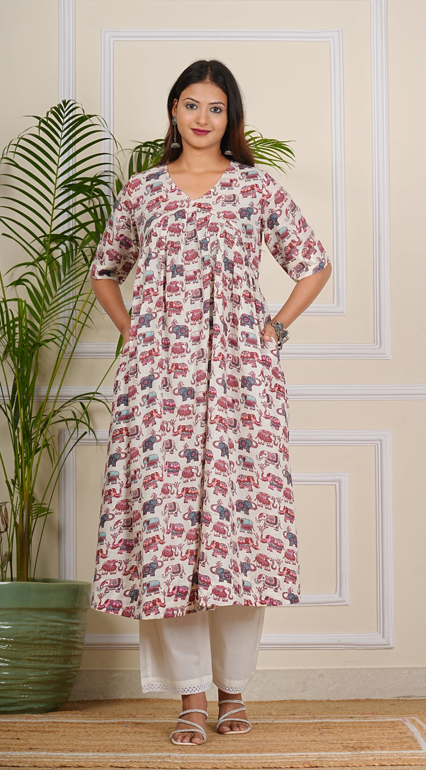 Cotton Elephant Print More Flair Aliya Dress With Pant