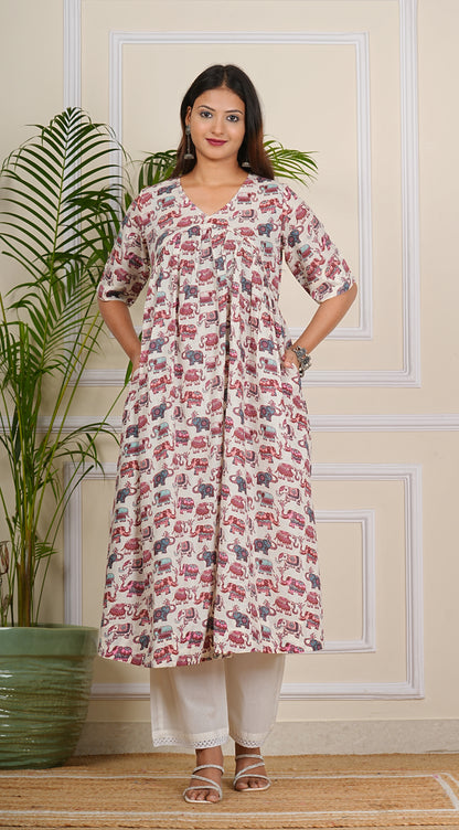 Cotton Elephant Print More Flair Aliya Dress With Pant