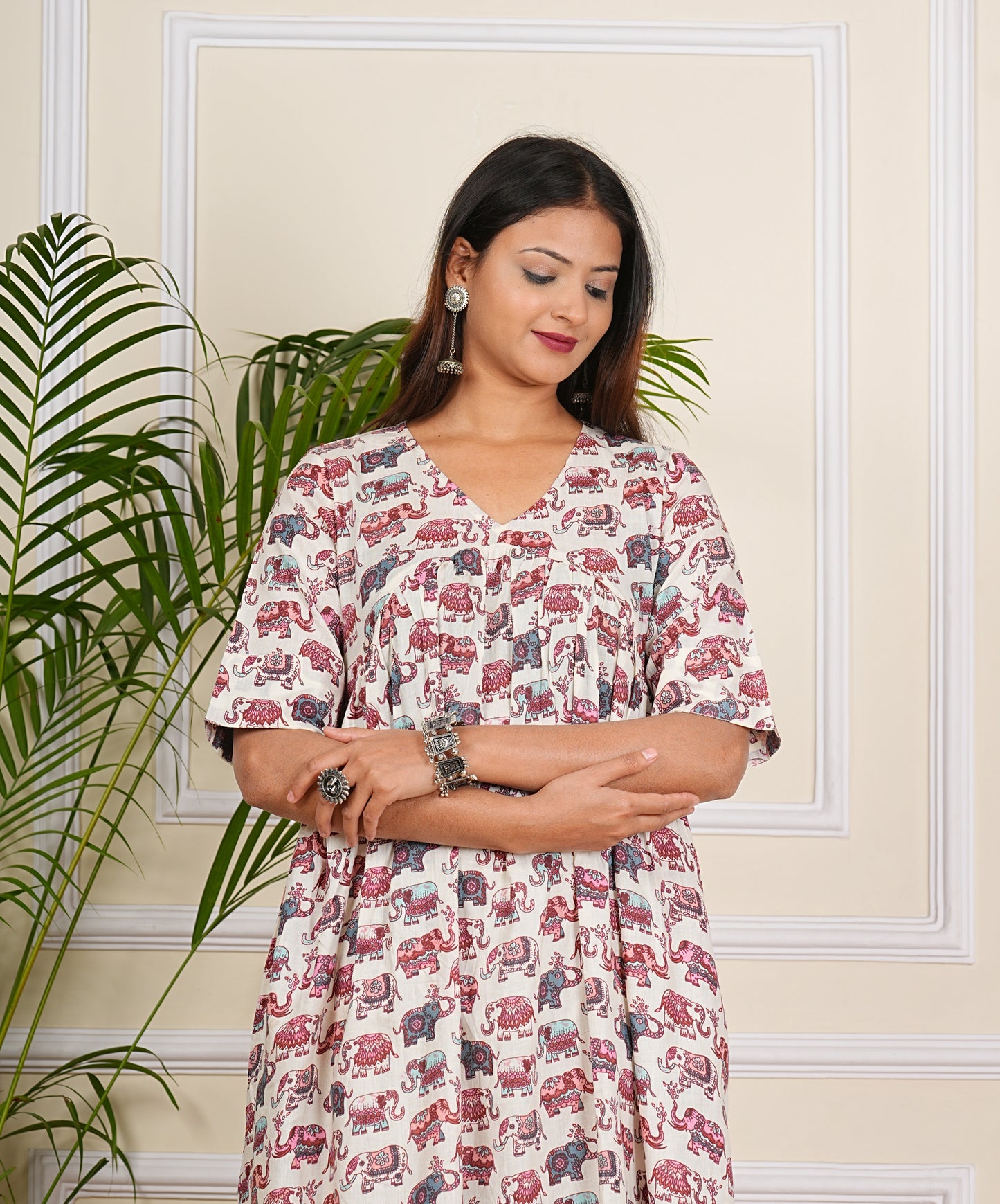 Cotton Elephant Print More Flair Aliya Dress With Pant