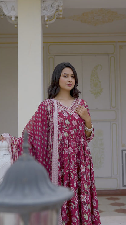 Red floral Print Jari Embroidery Work  with Pant and Dupatta Set